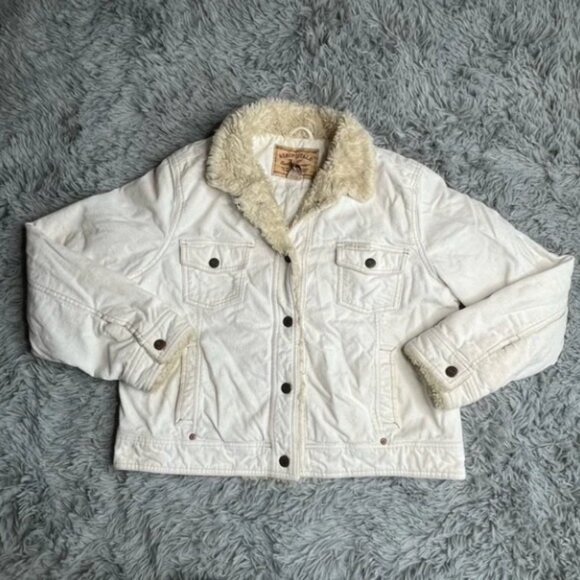 Aeropostale Jacket Womens XL Corduroy White Faux Fur Trim Pockets Button Up - Picture 1 of 6